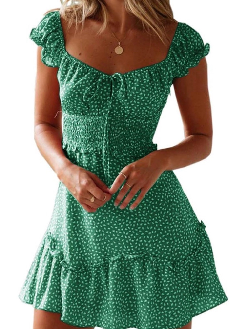 Green Floral Ruffle-Sleeve Sundress- Small